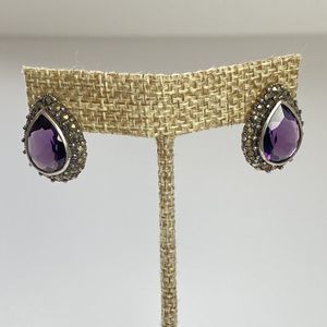 Vintage 925 Silver Purple Amethyst Bezel Set & Marcasite Teardrop Stud Earrings